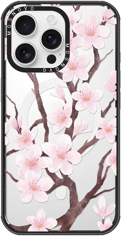 MOSNOVO Magnetic Case for iPhone 16 Pro Max, 10ft Military-Grade Protection, Compatible with Magsafe, Shockproof Phone Case for iPhone 16 Pro Max - Cherry Blossom - Clear Black