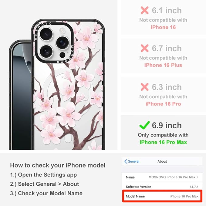 MOSNOVO Magnetic Case for iPhone 16 Pro Max, 10ft Military-Grade Protection, Compatible with Magsafe, Shockproof Phone Case for iPhone 16 Pro Max - Cherry Blossom - Clear Black