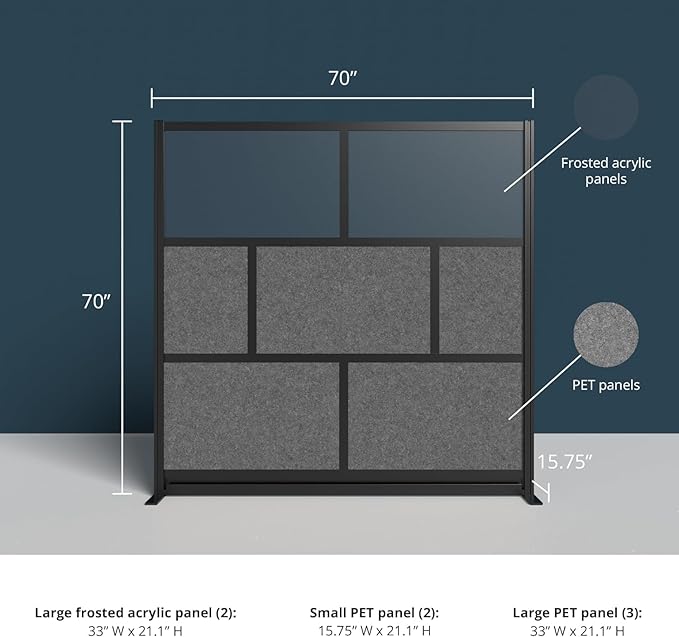 Stand Up Desk Store Expanse Modular Wall | 70'' x 70'' Wall | Expandable Partition Room Divider with Rearrangeable Frosted Acrylic & Sound Absorbent Panels (Black Frame)