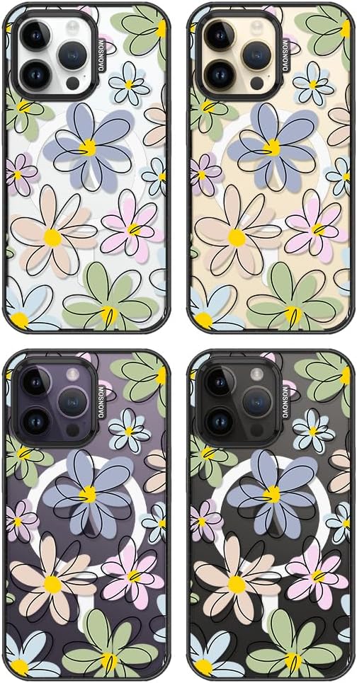 MOSNOVO Magnetic Case for iPhone 14 Pro Max, 10ft Military-Grade Protection, Compatible with Magsafe, Shockproof Phone Case for iPhone 14 Pro Max - Linear Blooms - Clear Black