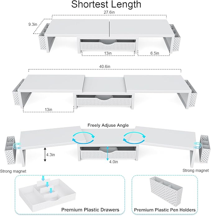 gianotter Dual Monitor Stand Riser, Desk Organizer With Drawer and 2 Pen Holders, Monitor Stand for Desk, Office Decor Essentials (White)