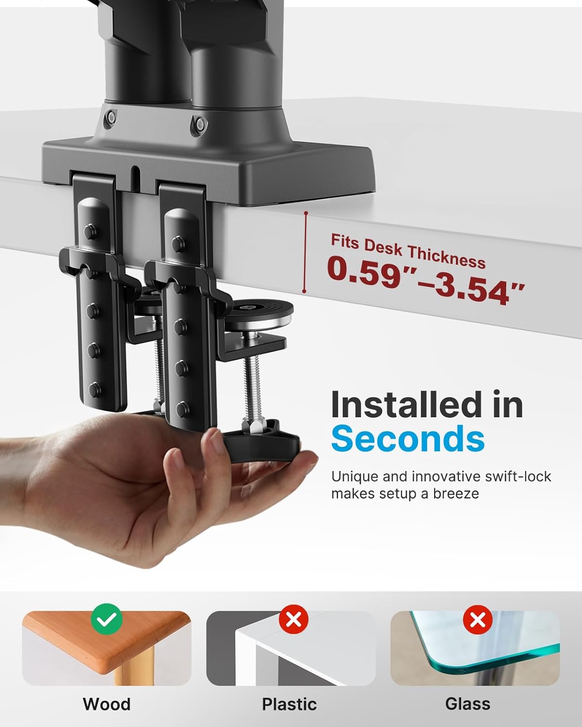 HUANUO Dual Monitor Stand - Full Adjustable Monitor Desk Mount Swivel Vesa Bracket with C Clamp, Grommet Mounting Base for 13 to 32 Inch Computer Screens - Each Arm Holds 4.4 to 19.8lbs -Grey