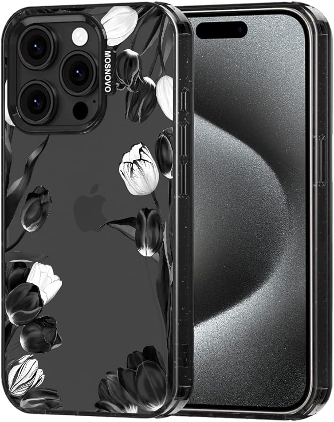 MOSNOVO Case for iPhone 15 Pro, [10ft 4X Military-Grade Drop Protection] Durable & Shockproof Phone Case Cover Design for iPhone 15 Pro - Black White Tulips - Clear Black
