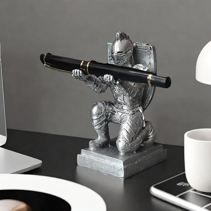 Resin Soldier Shield Knight Decor Statue Pen Holder Base for Desk, Desktop Organizer Pencil Stand Display for Office, School, Home, as Gift for Men Father