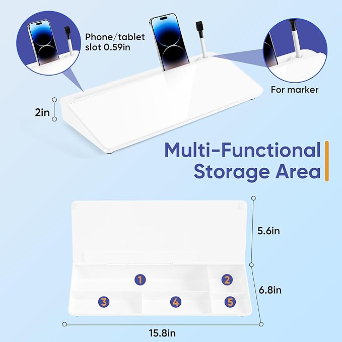 VUSIGN Glass Desktop Whiteboard with Storage, Small Organizer Dry Erase Board Desk Board Buddy White Board, Desktop Computer Pad for Notetaking, Desk Whiteboard for Office, Home, School Supplies