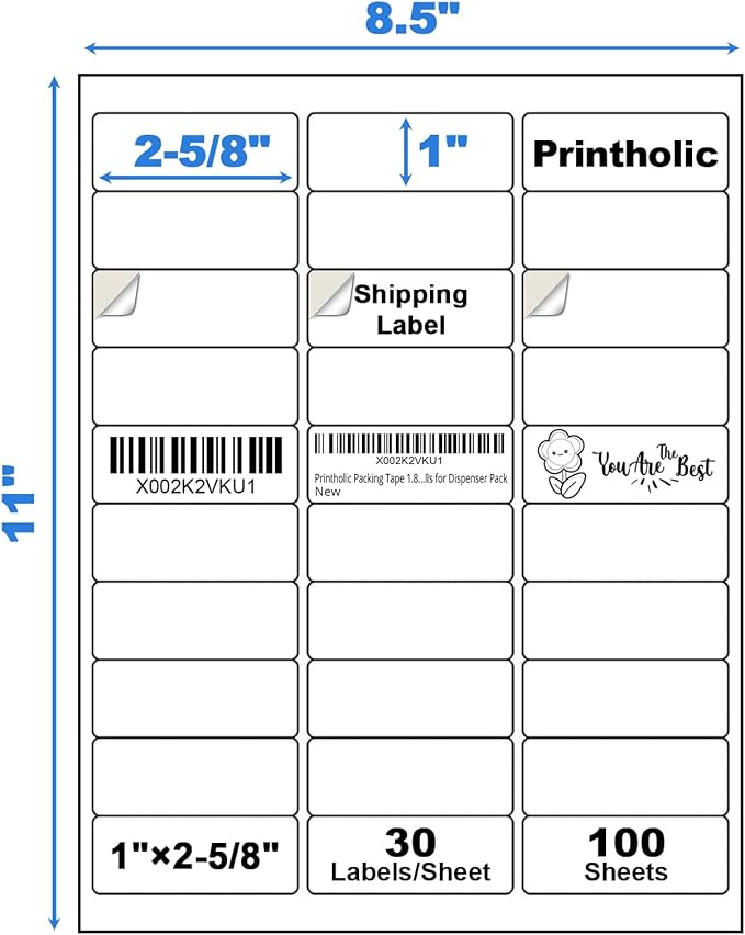 3000 30 Per Sheet Self Adhesive 1" x 2-5/8" Address Shipping Labels for Laser & Inkjet Printers, 100 Sheets, 30 Per Labels Per Page