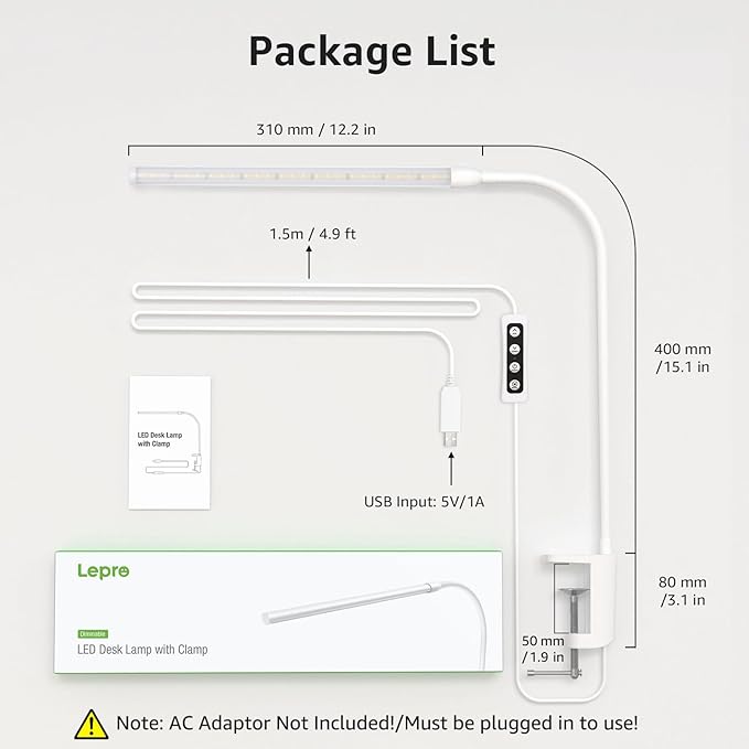Lepro Small Desk Lamp with Clamp, LED Reading Lamps with 450LM, 3 Color Modes 10 Brightness, Dimmable USB Clip on Desk Light with Gooseneck Swing Arm for Nail, Home Office and Dorm (White)