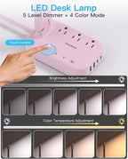 Dorm Room Essentials for Girls, Pink Power Strip with LED Desk Lamp, 3 Outlets 4 USB Ports, 4 Modes 5 Level Touch Lamp Small Desk Lamp for Home Office Bedroom Study Reading Light, 5ft Extension Cord