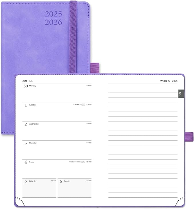 POPRUN Planner 2025-2026 Weekly Notebook for Purse(Pocket Size 4''x 6.25'') Small Academic Calendar (JUL.25 - JUN.26) with Monthly Tabs, Leather Soft Cover, Inner Pocket, 100 GSM - Lilac