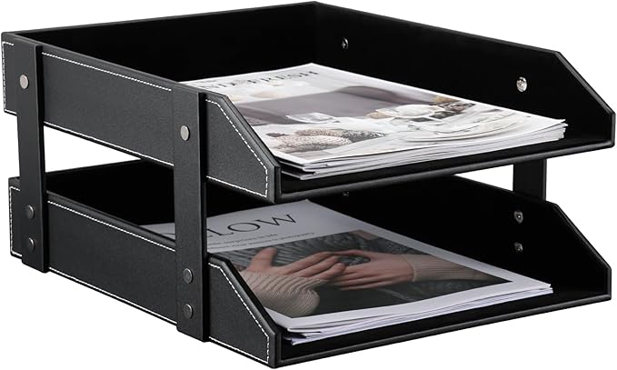 KINGFOM Letter Tray, Leather Paper Organizer Tray, Wooden Desk File Holder, Desktop File, Stackable Magazine Holder, Mail Sorter, Great for Home or Office - 2 Level Black