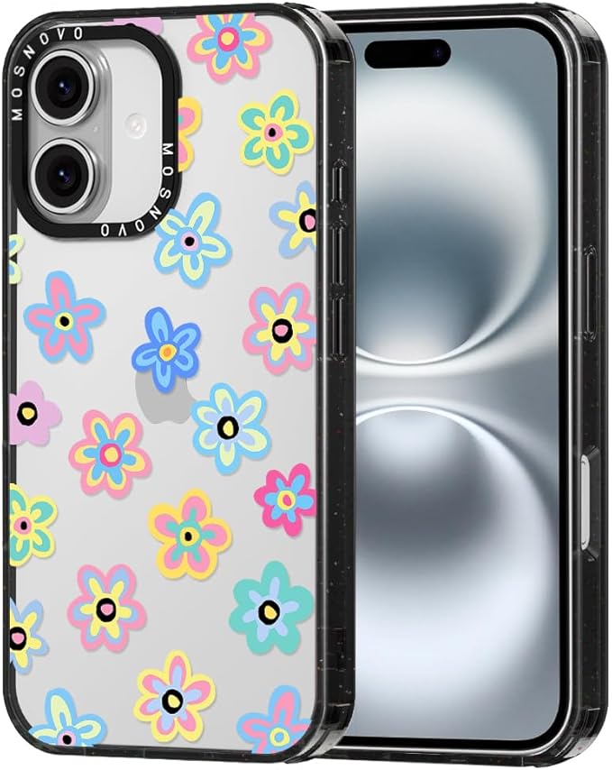 MOSNOVO Case for iPhone 16 Plus, [10ft 4X Military-Grade Drop Protection] Durable & Shockproof Phone Case Cover Design for iPhone 16 Plus - Groovy Flower - Clear Black