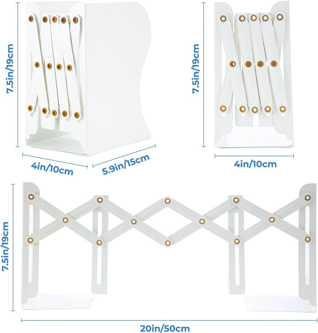 M&G Adjustable Bookends Book Ends for Shelves, Metal Bookend for Heavy Books, Desk Magazine File Organizer Holder Extends up to 20in, Book Stopper for Home, Office, Classroom (White)