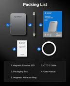 ORICO 512GB Magnetic Portable SSD, Aluminum Alloy, 4K 120 fps ProRes HDR Record and Store, Up to 2000MB/s, External Solid State Drive, Compatible with iPhone 16 Pro Max, Tablet, Computer - K20