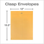 Quality Park 12 x 15-1/2 Clasp Envelopes, Clasp and Gummed Closures, for Oversized Papers, Drawings or Posters, 32 lb Kraft Paper, 100/Box (QUA37810)