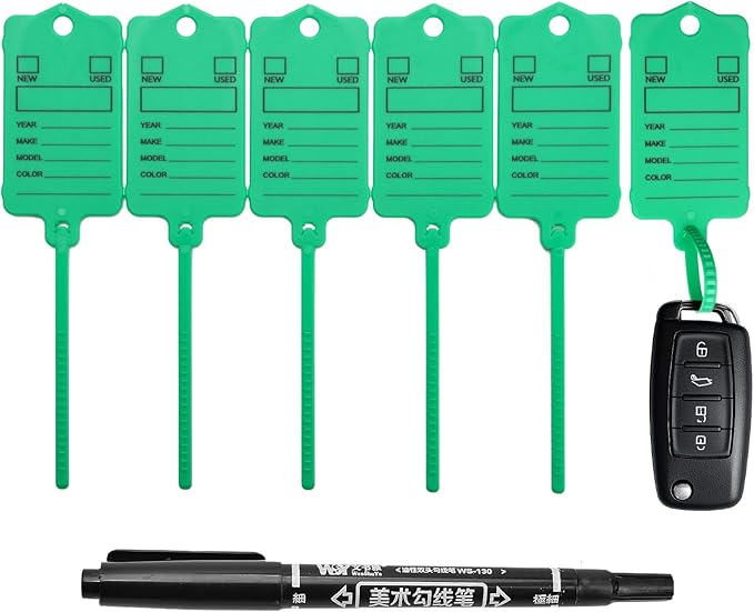 100 Car Key Tags with Labels Plastic Car Dealership Key Tags Self Locking Automotive Identifiers Blank Shop Labels with One Pen (Green)
