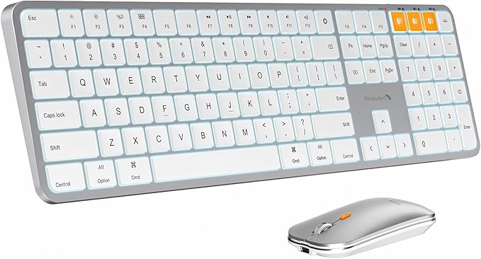ProtoArc Backlit Bluetooth Keyboard and Mouse for Mac, KM100-A Multi-Device Wireless Keyboard Mouse for Mac, Full Size Rechargeable for MacBook Pro/Air, iPhone, iPad, White Silver