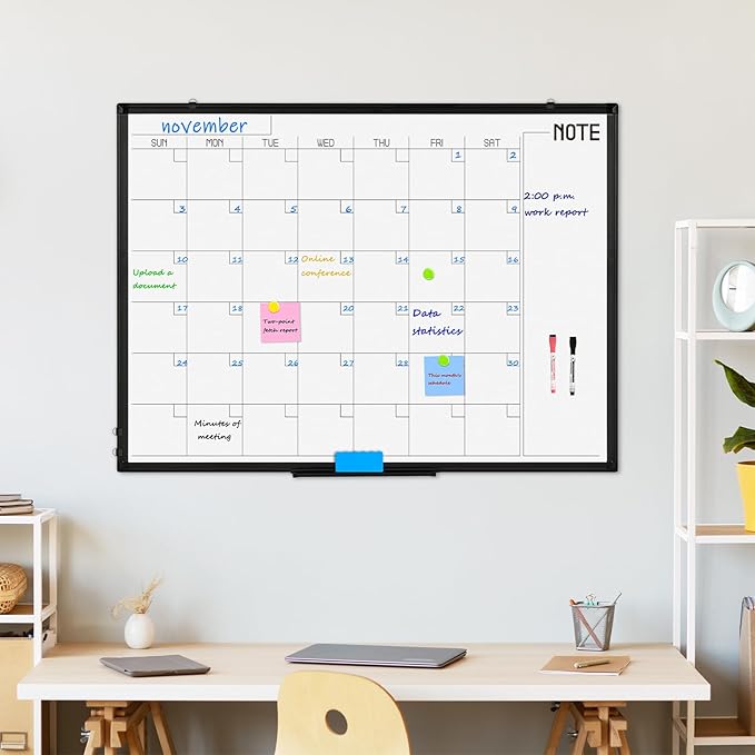 WALGLASS Dry Erase Calendar Whiteboard, 48" x 36" Monthly Large Dry Erase Calendar for Wall, Double-Sided Hanging White Board with Black Aluminum Frame for Home, School, Office, Kitchen