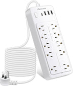 25 FT Power Strip with Surge Protection 1625W/13A, 14 Outlets and 4 USB Ports (1 USB-C), 16AWG, 1700J Flat Plug, White, ETL Listed