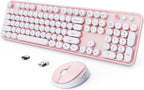Wireless Keyboard and Mouse Combo, Ergonomic Full Size Typewriter Retro Round Keycaps Keyboard, Compatible with Windows, PC, Perfer for Home and Office Keyboards (Lovely Pink)