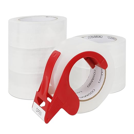 COSIMIXO 6-Pack Heavy Duty Clear Packing Tape with Dispenser, 2.5mil x1.88 inch x110 Yards, Ultra Strong,Industrial Shipping Box Transparent Packaging Tape for Moving, Office, & Storage