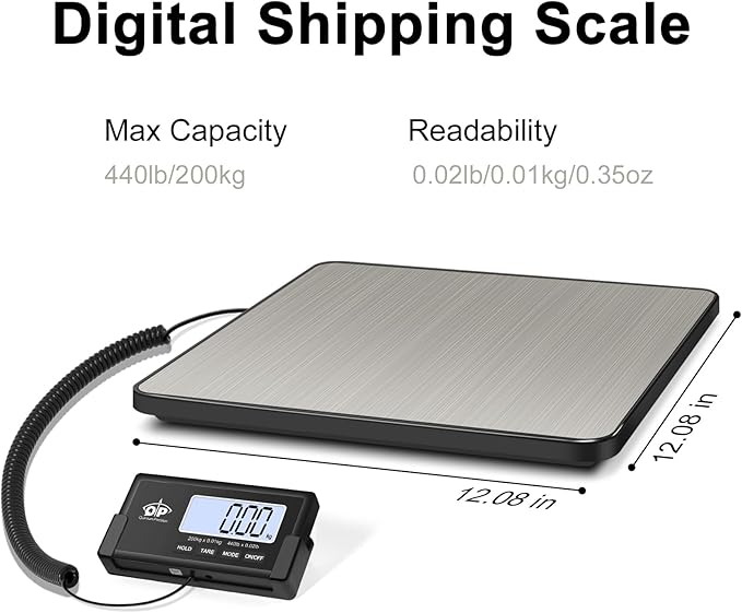 QP Shipping Scale, 440 lb/0.35 oz High Accuracy Digital Postal Scale, Postage Scale, Hold/Tare Function, Auto Off LCD Display, Lightweight Scale for Packages/Luggage/Pet, Battery & AC Adapter Included