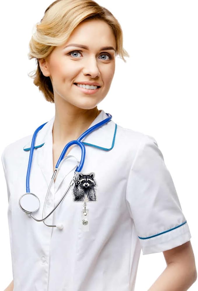 Raccoon ID Badge Reel Holder Retractable Medical Badge Reels Designs Cute and Funny Racoon OK Gesture Shirt Badge Clip Holders for Teacher Doctor Office Retractable Nursing Social Worker Accessories