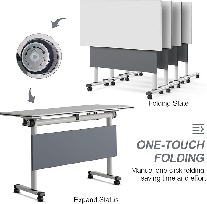 Folding Conference Table, Modern Large Conference Room Tables with Flip-Top Design, Foldable Conference Table Meeting Table with Wheels, Mobile Seminar Training Tables for Office Classroom (4, Gray)