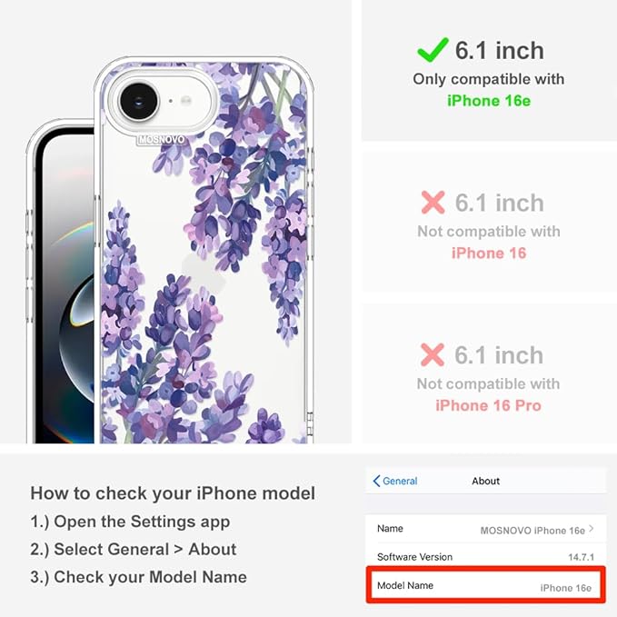 MOSNOVO Case for iPhone 16e, [Buffertech 6.6ft Military-Grade Drop Protection] [Anti Peel Off Tech] Clear TPU Bumper Phone Case Cover Design - Lavender