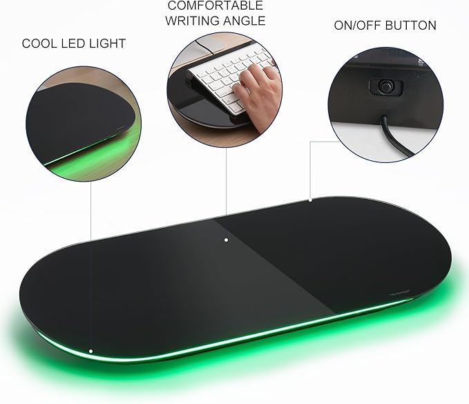 TSJ OFFICE Glass Desktop Whiteboard - 17 X 7 Inches Small Dry Erase Board with Green Light, Black Glass White Board Surface Notepad with 1 Drawer, Desk Organizers for Office, Home, School Supplies