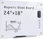 Magnetic Glass Whiteboard，24"x18" Wall Mounted Frameless Dry Erase Board for Office, Home & School Ultra White
