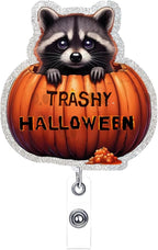 Halloween Badge Reel Retractable Cute Raccoon Name Tag Acrylic Alligator Clip Halloween Raccoon Sitting in Pumpkin Designs Badge Clip ID Spooky Badge Holder for Nurse Student Teacher