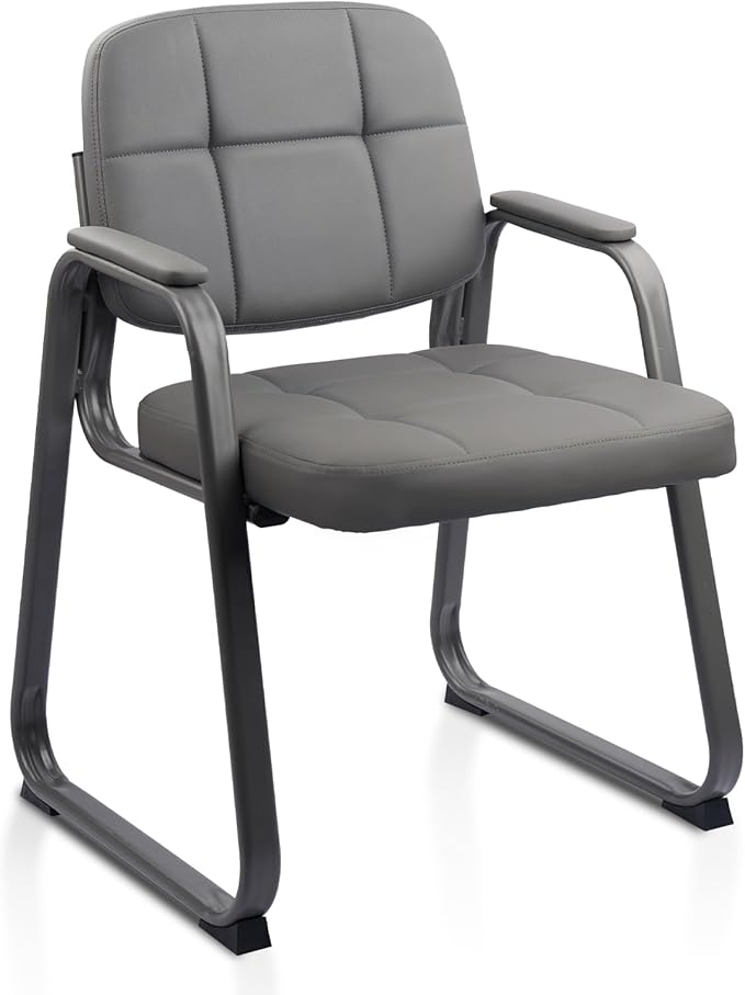 CLATINA Waiting Room Guest Chair with Bonded Leather Padded Arm Rest for Office Reception and Conference Desk Black with Sled Base Grey 1Pack