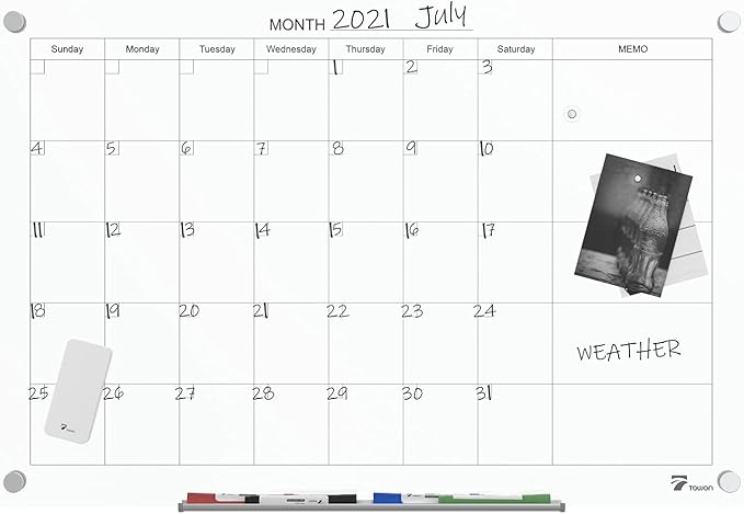 TOWON Tempered Glass Calendar Dry Erase Board for Wall, 3' x 2' Magnetic Whiteboard Calendar Planner for Office, Home, School Supplies, White, 36 x 24 Inches