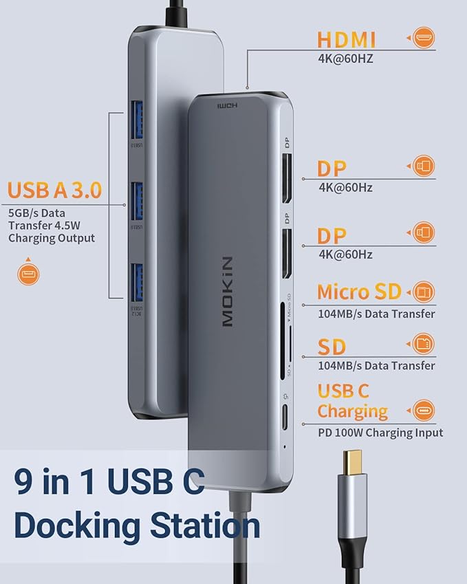 Docking Station Dual DisplayPort, MOKiN USB C Hub Dongle with 2 DP, HDMI, 3 USB A 3.0, SD & Micro SD Slot, PD Charging Port for MacBook/Dell XPS/Steam Deck/HP/Lenovo ThinkPad/Microsoft Surface