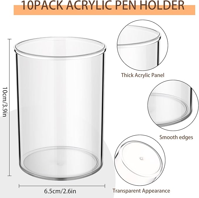 Crtiin 10 Pack Clear Acrylic Pen Holder Makeup Brush Round Pencil Holder for Desk Pen Cups Desk Organizers and Storage Desktop Stationery Organizer for Office School Home Supplies