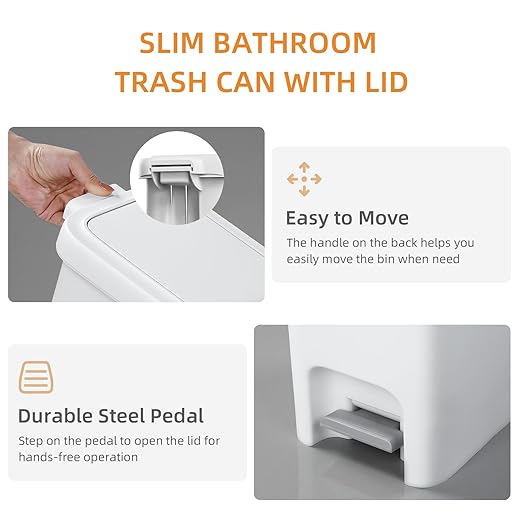 MOPALL Slim Bathroom Trash Can with Lid Soft Close, Garbage Can with Pop-Up Lid & Step On Foot Pedal, Small Trash Bin Trashcan Waste Basket for Toilet, Office, Bedroom, Kitchen, Living Room 1.9 Gallon