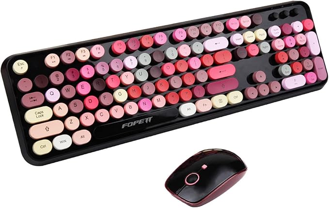 Wireless Keyboard and Mouse Combo, 2.4 GHz Full-Sized Typewriter Keyboard and Mouse Wireless with Round Keycaps for Windows, Computer, Desktop, PC, Laptop (New BlackColorful)