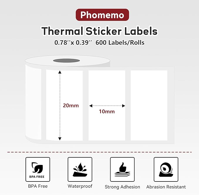3 Rolls (1800Pcs) Thermal Labels, Phomemo 0.78'' x 0.39'' Stickers Compatible with Phomemo M220 M110 M108 M250 M260 M221 M120 M200 M150 Label Maker, Black on White