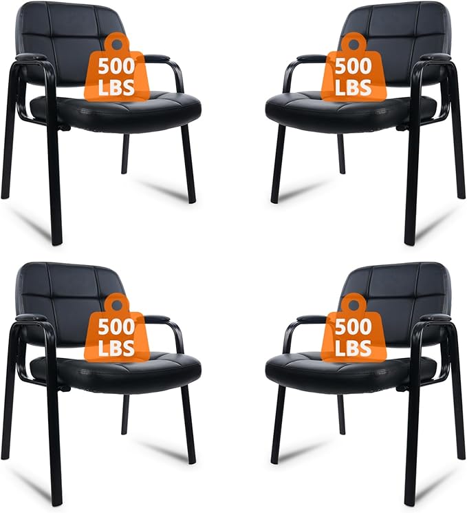 CLATINA Big & Tall 500 lbs Waiting Room Guest Chair, Leather Office Reception Chair No Wheels with Padded Arms for Elderly Home Desk Conference Room Lobby Side Salon Clinic, Black(4 Pack)