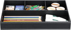 KINGFOM Pu Leather Desk Organizer Tray, 4 Compartment Office Storage Supplies Stationery Drawer Tray, Nightstand Bedside Tray for Key, Wallet, Sunglass, Watch, Coin, Phone Valet Tray Stackable Black