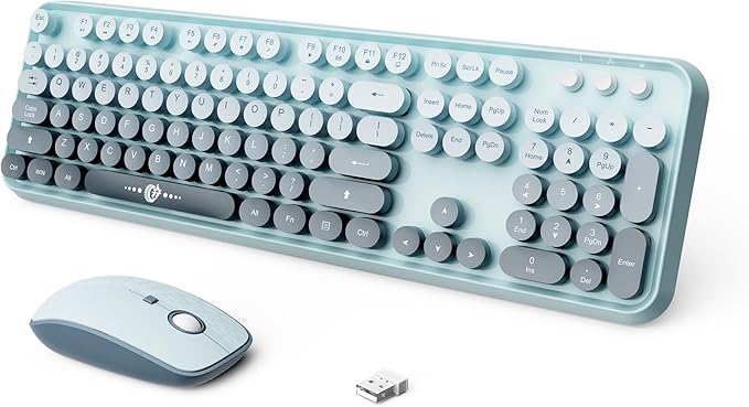 Wireless Keyboard and Mouse Combo, 2.4 GHz Wireless Full-Sized Typewriter Keyboard with Round Keycaps for Windows, Computer, Desktop, PC, Laptop (Light Blue)