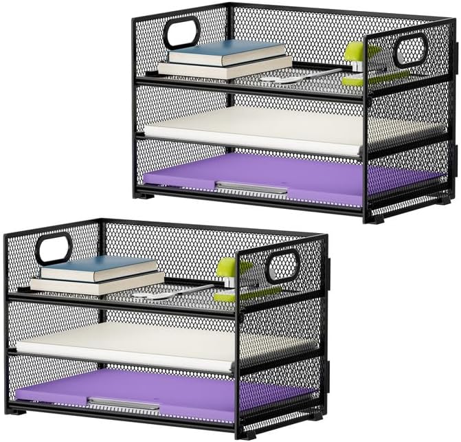 Marbrasse 3 Tier Paper Organizer Letter Tray, Mesh File Organizer with Handle, Paper Sorter Desk Organizer for Home Office Supplies - 2p