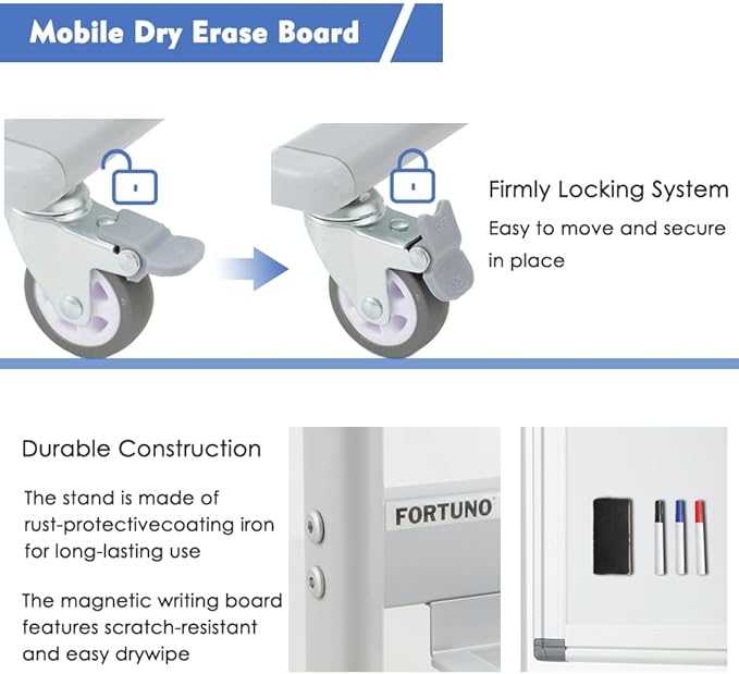FORTUNO Large Magnetic Mobile Whiteboard 96"x48", Rolling Double Sided Stand Whiteboard on Wheels, Reversible Adjustable Height/Angle Dry Erase Board 8' x 4' Easel White Board for Office Classroom