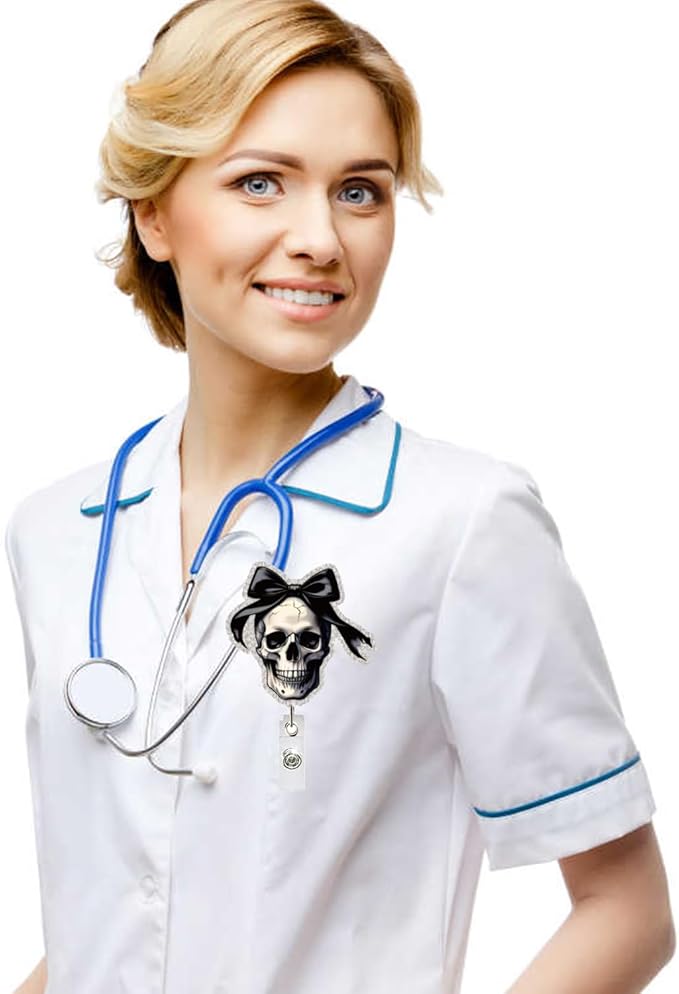 Halloween Skull Badge Reel Retractable for Nurse Nursing Student Medical Worker & Office Staff Acrylic Alligator Clip Badge Reel Halloween Skeleton with Bow ID Card Badge Holder Gifts