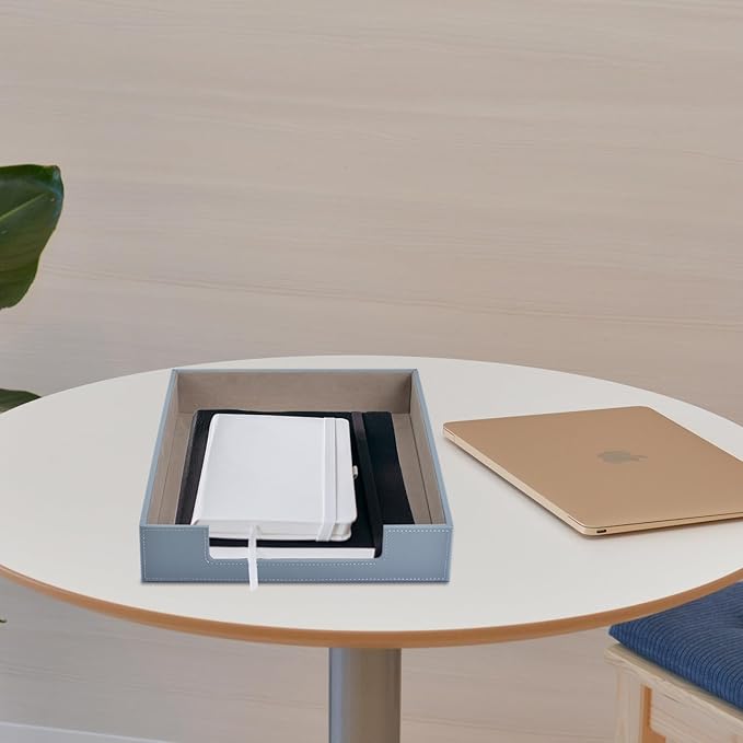 Leather Letter Tray,Stackable File Document Tray,Desk Organizer for Office Supplies,A4 Paper Case Rack,Desktop Organization,Pen Mail Magazine Storage Box (Grey)