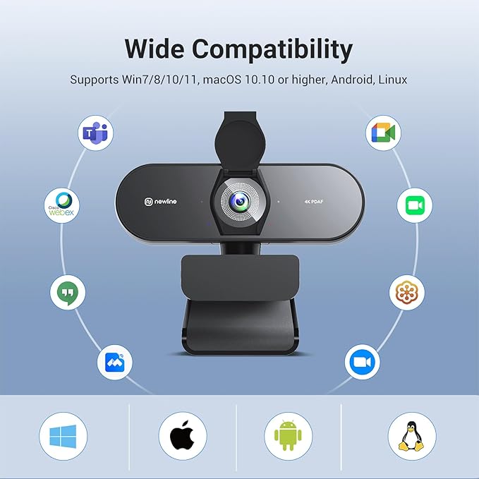 N newline 4K Webcam for PC with Tripod, PDAF Autofocus, 1080P@60FPS, 79° FOV, Low Distortion, 2 Noise Reduction Mics, Privacy Cover, Plug&Play, PC Camera for Skype, Teams, Zoom, NewEye 62 Kit
