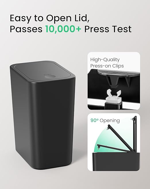 Cesun Bathroom Trash Can with Lid, 2.6 Gallon Small Black Garbage Can, Press Top Lid Trash Bin, Dog Proof Trash Cans Plastic Waste Basket for Bedroom Toilet Office