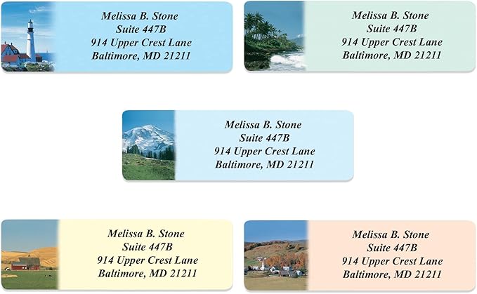 Scenic America Assorted Designer Rolled Address Labels with Elegant Plastic Dispenser