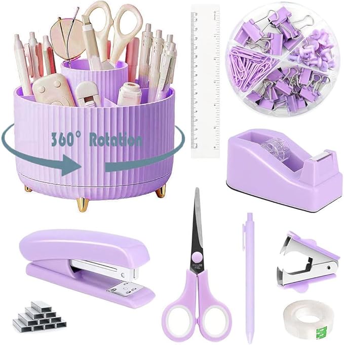 Purple Desk Organizers and Accessories 10Pcs Set with 360-Degree Rotating Pen Holder, Tape Dispenser, Stapler, Staple Remover, 1000 Staples, Tape, Clips Set, Ruler, Scissor, Pen (Purple)