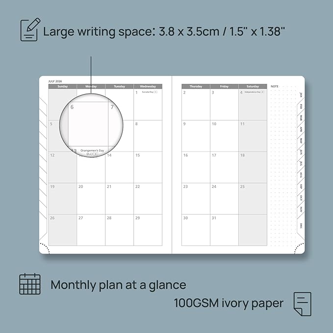 POPRUN Weekly Planner 2026 (Medium 6.5" x 8.5") Calendar 12 Months Notebook with Horizontal Layout, Leather Soft Cover, Monthly Tabs, Inner Pocket, 100GSM Thick Paper, Pen Holder - Royal Blue